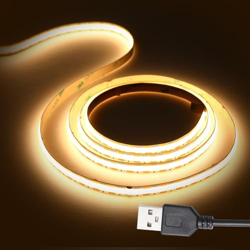 HCHEOG USB LED Light Strip 1.5M COB Led Strip Lights 5V Warm White 3000K 320LEDs/M CRI 90+ Flexible TV Led Lights USB Powered 1.5M for Display Cabinet,Home DIY Lighting Room Decor led Lights