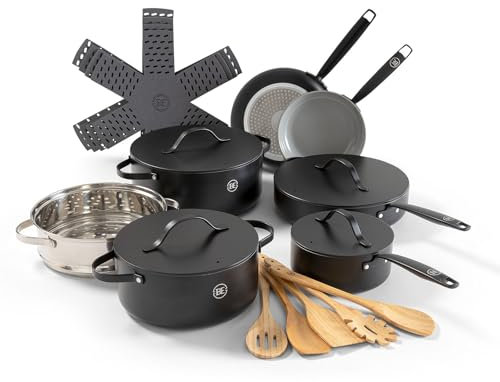 Be Living 20-teiliges Pfannenset - Pfanne induktion - Antihaft-beschichtung - Geeignet für alle Herdarten - Hitzebeständige Griffe - Enthält Bratpfanne, Stielkasserolle & Kochtopf - Schwarz