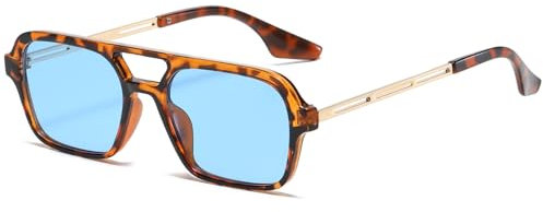 RUNHUIS Vintage Klassische 70er Jahre Quadratische Sonnenbrille für Damen Herren Trendy Retro Slim Rechteck Brille Leopard-Gold/Blau
