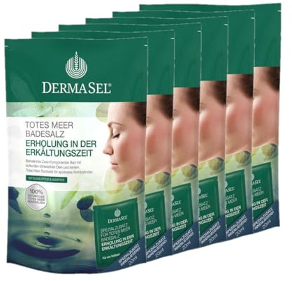 DermaSel® Totes Meer Badesalz | Erkältungszeit | 400 g + 6x 20 ml | Eukalyptusbad mit Menthol & Kampfer, ätherische Öle, Ölbad für die kalte Jahreszeit, wohltuend, dermatologisch geprüft