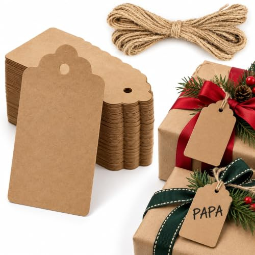 100 Etiquetas para regalos con Cuerda de Yute, Etiquetas para manualidades | 20 Metros de Cuerda, Medidas de 9 x 4.5 cm, Color Kraft