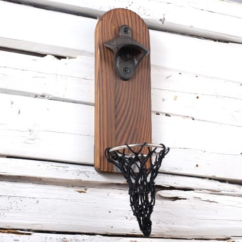 Arola Magnetic Wall Mounted Bottle Opener, Removable Wooden Opener with Cap Catcher Collector Net, Gift for Beer Lovers and Man, Use as Kitchen Yard Bar Decoration. (Design -1)