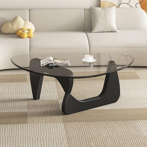 WanLimneo Table Basse Triangulaire en Verre avec Base en Bois Massif, Table Basse de Loisirs Minimaliste Irrégulière pour Salle de Séjour Chambre Bureau, 83 * 57 * 40 CM