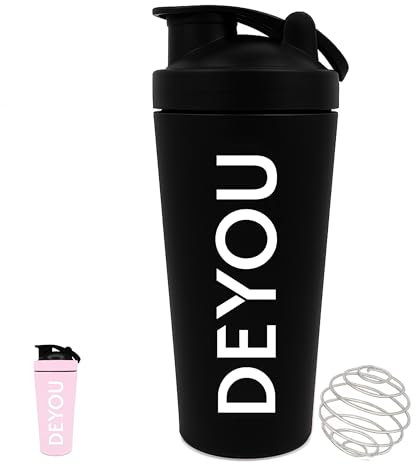 DEYOU Edelstahl Shaker 750ml – Protein Shaker mit Sieb & Edelstahl Kugel – Auslaufsicher, BPA-frei, Spülmaschinenfest – Fitness Shaker für Proteinpulver, Eiweißshake & Sportgetränke (schwarz)
