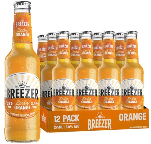 BREEZER Zesty Orange Flavoured Alcoholic Drinks, 3.4% ABV, 12x27.5cl | Fruity, Pre-Mixed, Ready to Drink, Orange Flavour, RTD Beverages, 12x275ml Multipack