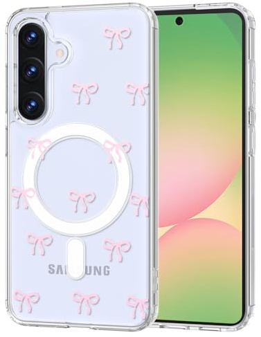 TVVTPU Magnetisch Hülle für Samsung Galaxy A56 5G / A36 5G Kompatibel mit MagSafe, Aesthetic Schleifen Muster Handyhülle Nie Vergilbung Dünn Transparent Hard PC Rückseite Stoßfest Kratzfest Case, Rosa