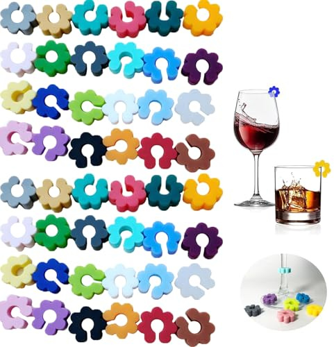 YYUEZHI 48 Stück Glasmarkierer Silikon, Glas Markierung Trinkgläser, Weinglas Charms Blumen, Buntes, Wiederverwendbar, Markieren für Champagnerglas,Cocktailglas, Martini-Glas (24 Farben)