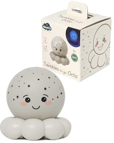 Cloud b Twinkles To Go Octo Pastellgrau – Tragbarer Sternen- & Fisch-Nachtlichtprojektor für Kinder – 3 beruhigende Farben (Rot, Blau, Grün) mit automatischer Rotation – 45-Min