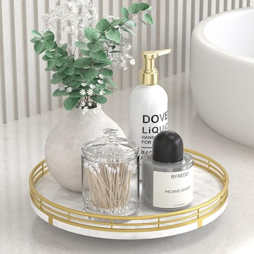AMH 10-Inch White Marble Lazy Susan with Gold Frame | Smooth rotating oak tray with walnut finish for dining tables, kitchen counters, pantries and cabinet storage.
