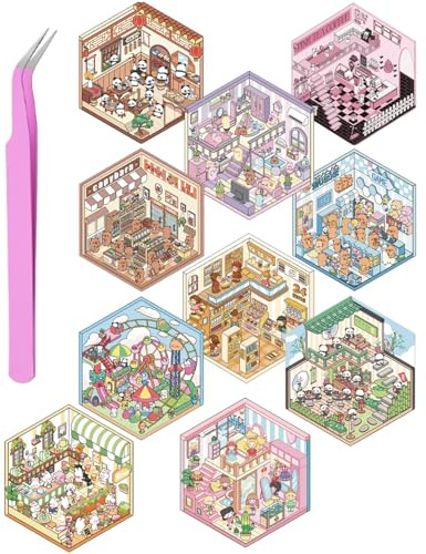 FUGLUS 10 Sets 3D House Stickers, Miniatur Haus Sticker 3D, sticker set，DIY Cozy Little Home House Scene Sticker Book, Fun DIY Stickers Scene, Relief Stress für Erwachsene und Kinder，mit Pinzette