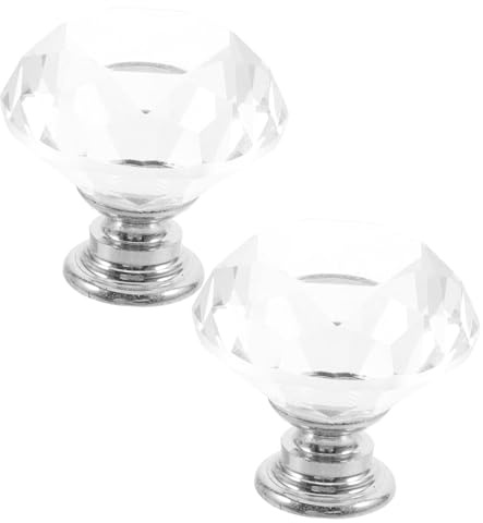 Kristall Schranktürknöpfe aus Zinklegierung für Schranktür und Kommode | 2 Stück, Silberne Ausführung, Transparentes Kristall, Minimalistischer Stil, für Möbel mit Klarer Optik