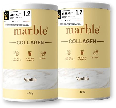 marble® Collagen Pulver [2 x 450g] – Kollagen Hydrolysat – Peptide Typ 1, 2 & 3 – Exzellente Löslichkeit ohne Klumpen – Laborgeprüft – Made in Germany – 60 Tage risikofrei – Vanille