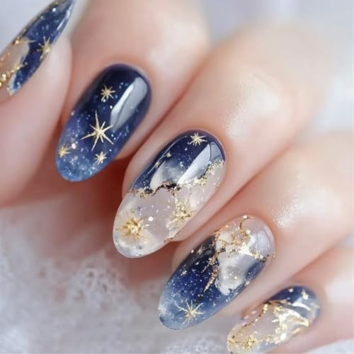 Viugex 24 Stück Künstliche Nägel Mandel Mittel, Blaue Glänzende French Press on Nails mit Sternen Design, Süße Acryl Full Cover Nägel zum Aufkleben, Wiederverwendbare Falsche Nägel für Damen Mädchen