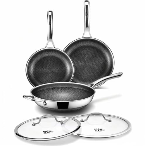 Wok 30cm & Frying Pan 24+28cm, Hybrid Wok Non Stick & Frying Pan Set | Stainless Steel Non-Stick Pan with Lid, Suitable for All Hob Types, PFOA Free