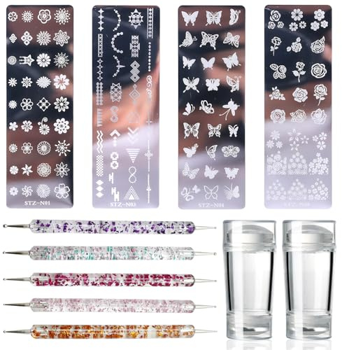 11 Stück Nagelstempel Set, Transparenter Silikon Nail Stamp, Enthält 5 Punktierwerkzeuge und 4 Nagelstempel Schablonen für Nagelkunst, French Manicure, DIY und Kreative Maniküre