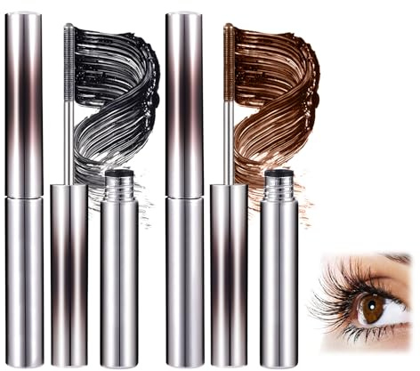 2 Stück Mascara mit Metallbürste, Grow and Tint Mascara, Lange Faser, Vergrößerte Augen, Nicht Leicht zu Knüpfen, Dauerhaftes Make-Up (Schwarz + Braun)