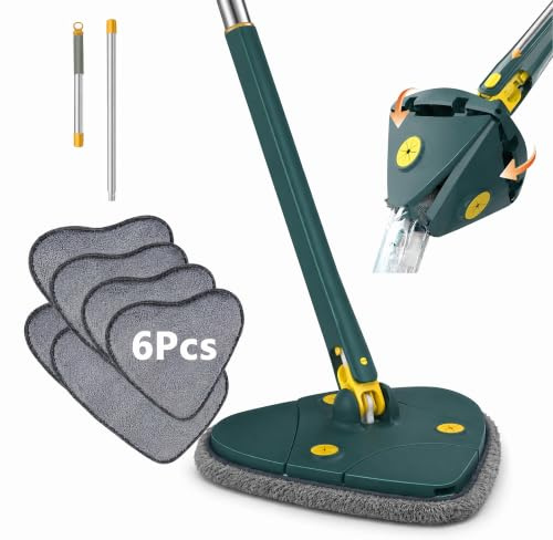 Mopa Triangular Giratoria 360 Autoescurrible de Microfibra con 6 Recambios, Rasqueta Limpiacristales y Colgador, Fregona Triangular Autoescurrible, Adecuado para Limpiar Suelos, techos y Ventanas
