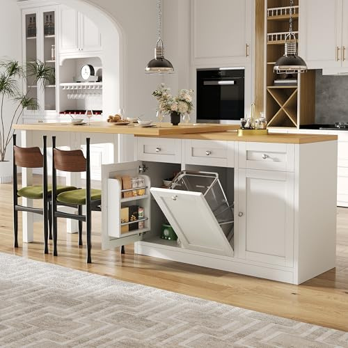 Tavolo bar allungabile con porta pattumiera estraibile (pattumiera non inclusa),Tavolo da pranzo pieghevole con cassetto e ripiano,Tavolo da bar con vano contenitore per piccoli appartamenti, Bianco