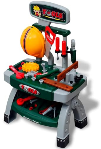 GeenYuu Kinderwerkbank Werkzeugbank mit Werkzeugen grün grau Kunststoff 44 x 28 x 71 cm ab 3 Jahren mit Zubehör Set pädagogisch für Rollenspielzeug Handwerker Kinder zum Lernen und Nachahmen