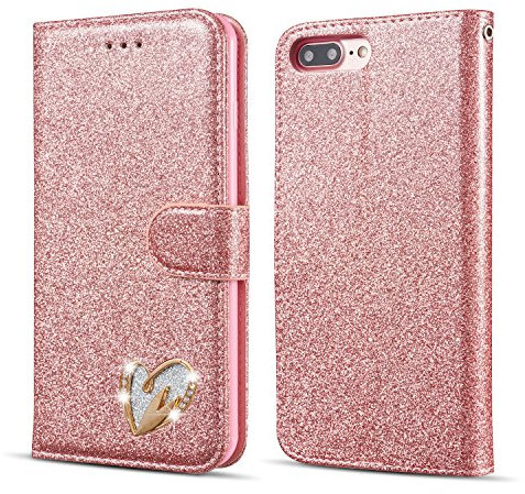 QLTYPRI Wallet Case for iPhone 7 Plus 8 Plus, Glitter PU Leather Case TPU Bumper Card Holder Kickstand [Wrist Strap] [Inlaid Heart Diamond] Flip Folio Case Cover - Rose Gold