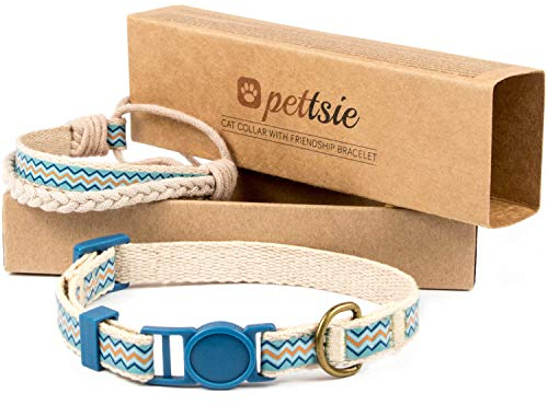 Pettsie Katzenhalsband mit Sicherheitsverschluss und Freundschaftsarmband für Sie, Starke Baumwolle, D-Ring für Zubehör, einstellbare Größe 12,7-20,3 cm, Blau