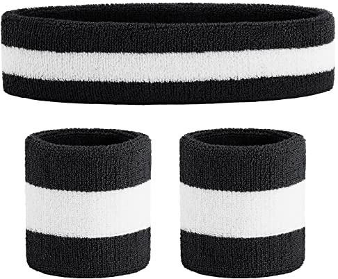 ONUPGO Ensemble de Bandeau (3 pièces) Sports Bandeau Poignet rayé Sweatband Tissu éponge Poignet Athletic Exercice Basketball Poignet Bandeau et Bandeaux humidité Mèche Sweat Head Band Absorbant