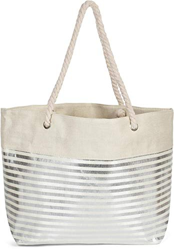 styleBREAKER Damen XXL Strandtasche mit Reißverschluss und Metallic Glitzer Streifen | große Badetasche für Familie oder Shopping | 58 x 38 x 20 cm, Farbe:Beige-Silber