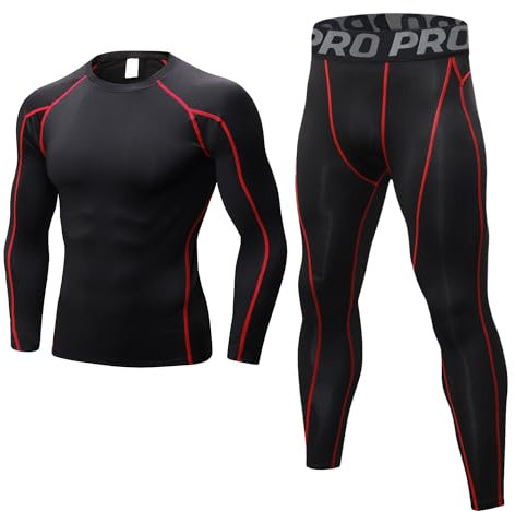 LANBAOSI Men's Gym Running Base Layer Top and Leggings Set Long Sleeve Compression Shirt Tights Thermal Underwear Suit, Blk Red, M
