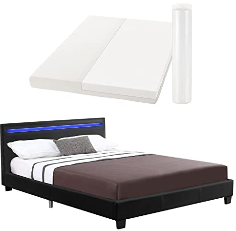 Juskys Polsterbett Verona 120x200 cm - Bett komplett mit LED-Beleuchtung, Matratze und Lattenrost - Kunstleder Bezug - schwarz - Jugendbett