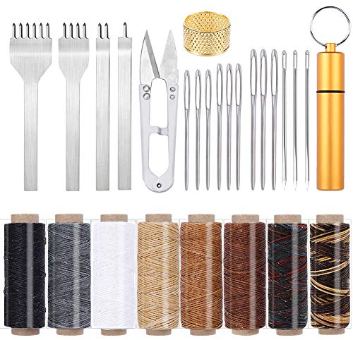 Leder Nähen Set, Leder Werkzeug Set-8 Farben Leder Faden Wachsfaden mit Leder Nadel, Große Augen Nähen Nadeln, Meißel Zinke und Andere Zubehör für Lederhandwerk Hand Nähen Buchbinden
