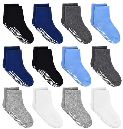 ELUTONG Toddler Non Slip Socks, 12 Pairs Boys Girls Anti-Slip Breathable Crew Socks with Grip for Kids 1-10 Years