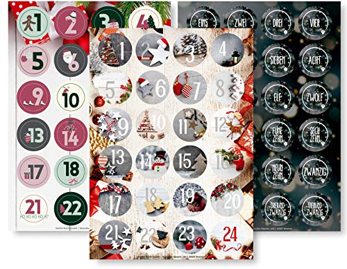 Adventskalender Aufkleber Set (Zahlen 1-24) - 3 x 24 Sticker für Kalender zum selber basteln für Weihnachten - Adventskalenderzahlen Etiketten selbstklebend - Zahlenaufkleber - Nummern Papiertüten