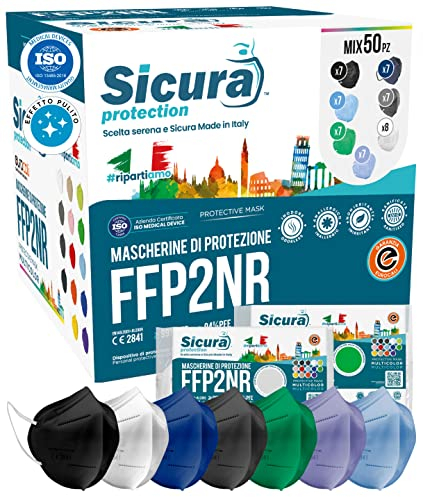50 Mascherine FFP2 certificate CE colorate Made in Italy BFE ≥99% Mix 7 Colori Nero, Bianco, Blu, Grigio Scuro, Verde Scuro, Lavanda, Azzurro Mascherina SANIFICATA