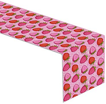 Tischläufer aus Leinen, 33 x 183 cm, Erdbeer-Motiv, für Geburtstagsparty, Babyparty, Abendessen, Tischdekoration für Zuhause, Küche, Esszimmer