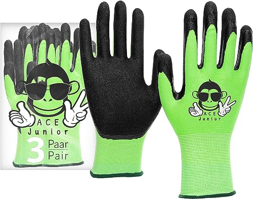 ACE Junior Arbeits-Handschuh für Kinder - 3 Paar Schutz-Handschuhe für die Garten-Arbeit - Grün - 5-6 Jahre (3er Pack)
