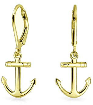 Tropischer Strandurlaub Flitterwochen Einfache Nautische Boot Schiff Rad Anker Hängeohrringe Klappverschluss Für Frauen Teenager Gelb Vergoldet .925 Sterlingsilber