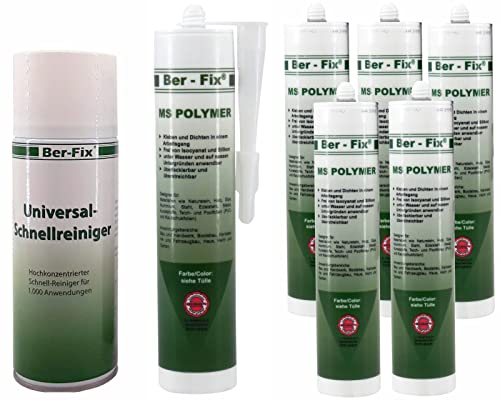 Ber-Fix 6x MS Polymer Kleber Transparent Glasklar 300g + 400ml Schnellreiniger – Unsichtbarer Baukleber für Fliesen, Metall & Holz