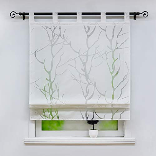Delien Voile Raffrollo mit Schlaufen Transparente Ausbrenner Gardine Küche Raffgardine Kurz Rolls Vorhang »Äste« Bändchenrollo Schals Modern Fenster Gardinen BxH 80x140cm,Weiß