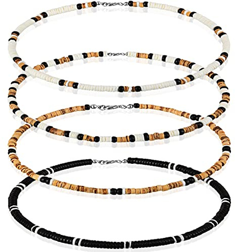 Bonuci 4 Pcs Puka Shell Necklace for Men Beaded Surfer Necklaces Beach Hawaiian Choker Women Jewelry, Christmas gifts(Classic Color)