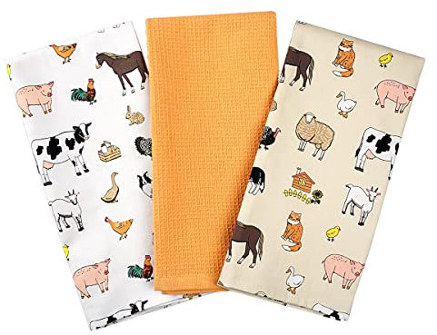 SiXsigma Sports Pack of 3 Tea Towels For Kitchen - Premium Cotton Decorative Kitchen Towel Linen for Cooking, BBQ, Baking & Dish Drying - Ideal For Women & Men (Farm Animals)