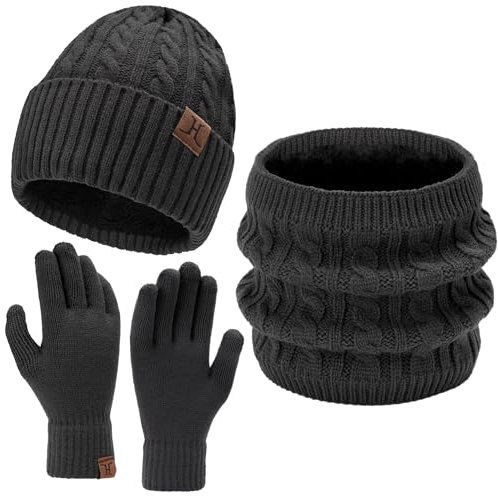Bequemer Laden Damen Herren Winter Warm Beanie Mütze Touchscreen Handschuhe Loop Schal Set mit Fleece Gefüttert, Strickmütze Wintermütze Schlauchschal Winterhandschuhe Frauen Männer Geschenk, Grau