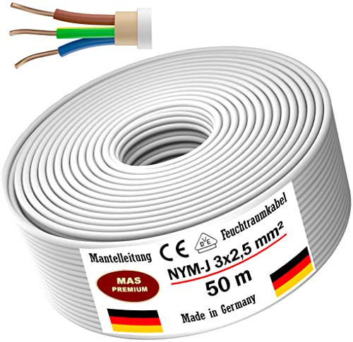 MAS Premium Cavo di alimentazione per ambienti umidi, 5-200 m, NYM-J 3 x 1, 5, 2,5, 4, 6 o 10, cavo elettrico ad anello per posa fissa (NYM-J 3 x 2, 5 mm², 50 m)