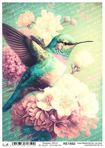 Josys Bastelmärchen Reispapier A4 Strohseide Decoupage Vintage Kolibrie Text Blumen RE1850