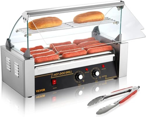 VEVOR Hot Dog Roller 5 Rollers 12 Hot Dogs Capacity, 750W Stainless Sausage Grill Cooker Machine with Dual Temp Control Glass Hood Acrylic Cover Bun Warmer Shelf Removable Oil Drip Tray ETL Certified
