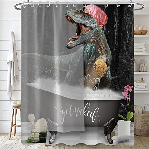 Hnmdmyi Duschvorhang Lustige Dinosaurier 180x180, Nackte Duschvorhänge Niedlicher Badender Dino Raptor Kinder Kreative Moderne Badewanne Vorhang Wasserdicht Polyester Stoff Waschbar Badevorhang