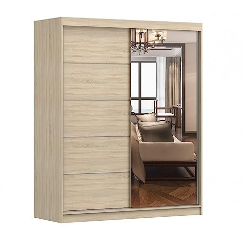 Kleiderschrank V6 mit Spiegel 160 cm, Schwebetürenschrank, Garderobeschrank Schlafzimmer; Wohnzimmerschrank; Korpus Schrank Farbe: Sonoma; Farbe der Schrankfront: Sonoma - 2 Schiebetüren