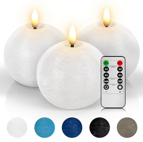 Yongmao Flameless Candles with Remote, White Round Candles Ball LED Battery Operated Real Wax Candles Warm Light 3D Wick Flickering for Home Party Wedding Decor (Set of 3)