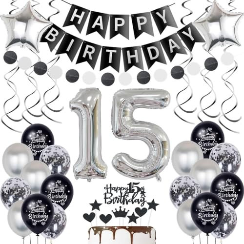 Silber 15. Geburtstag Dekoration Luftballon 15 Jahre Junge Mädchen Geburtstagsdeko 15 Jahre Junge Schwarz Ballon 15 Geburtstag Deko Schwarz Silber Mädchen Junge 15 Geburtstag Tortendeko