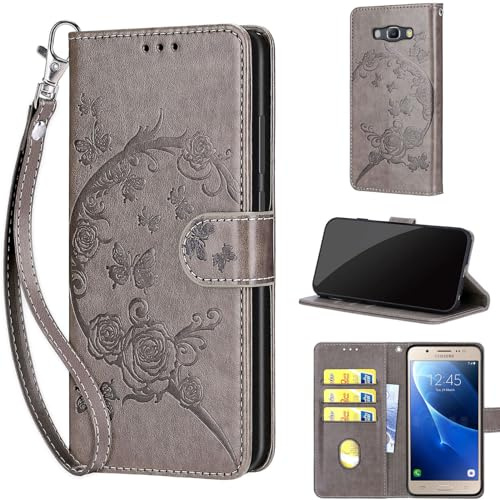 Handyhülle für Samsung Galaxy J5 (2016) Hülle, Grau | Stoßfeste Flip Schutzhülle, Kartenfächer, Standfunktion,Magnetisch, Kunstleder, Klappbar Brieftasche