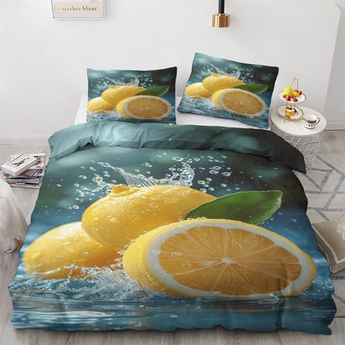 Generisch Bettwäsche Zitronen 135x200 - Bettbezug Obst Gelb, Bettwäsche-Sets 2 teilig, Weich & Atmungsaktiv Mikrofaser Wendebettwäsche und 1 Kissenbezug 80x80 mit Reißverschluss L&q-152